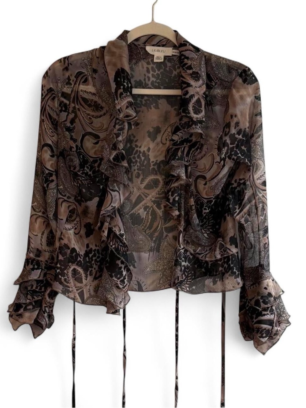Lilibleu Brown & Black Patterned Ruffly Chiffon Wrap Blouse Top Size XS